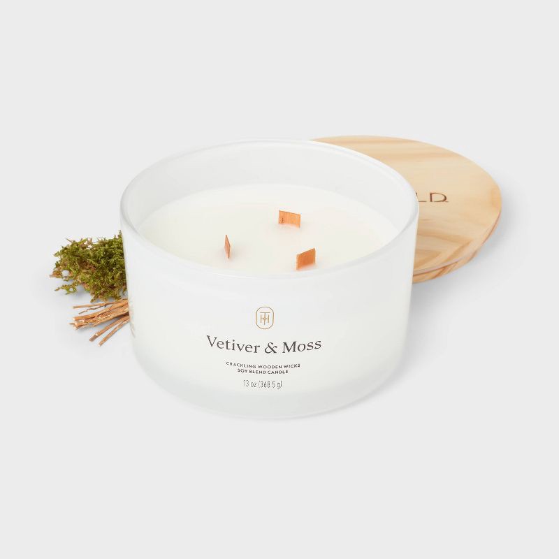 slide 3 of 3, 3-Wick Milky Glass Wooden Wick Vetiver and Moss Jar Candle 13oz - Threshold™, 13 oz