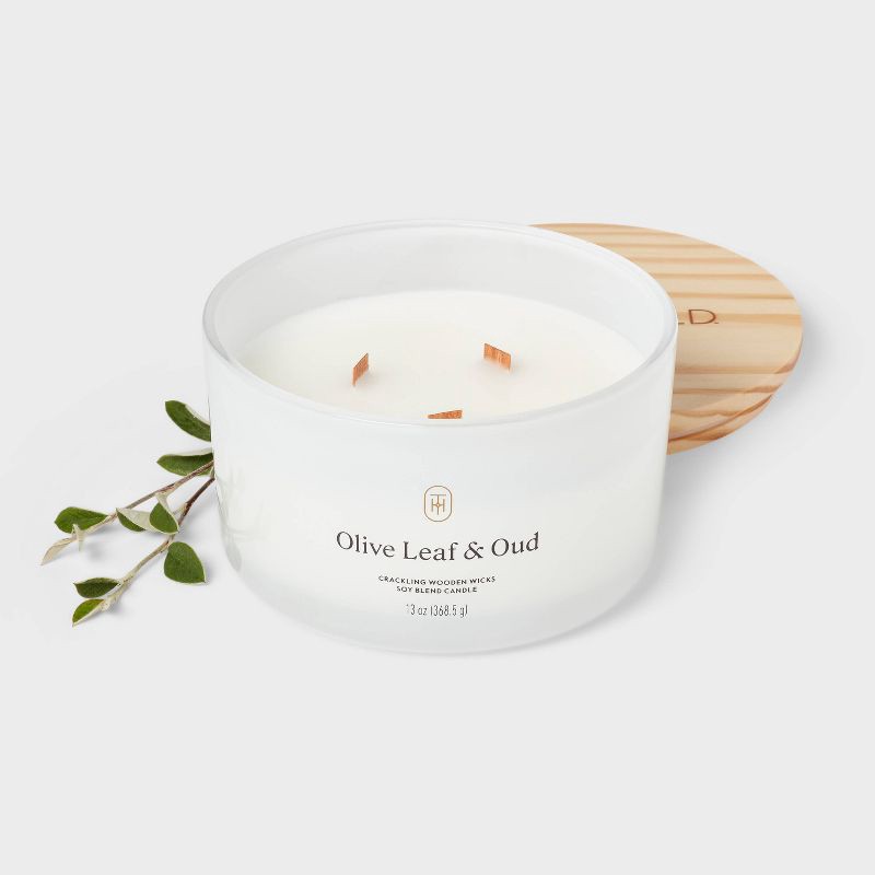 slide 3 of 3, 3-Wick Milk Glass Wooden Wick Olive Leaf and Oud Jar Candle 13oz - Threshold™, 13 oz
