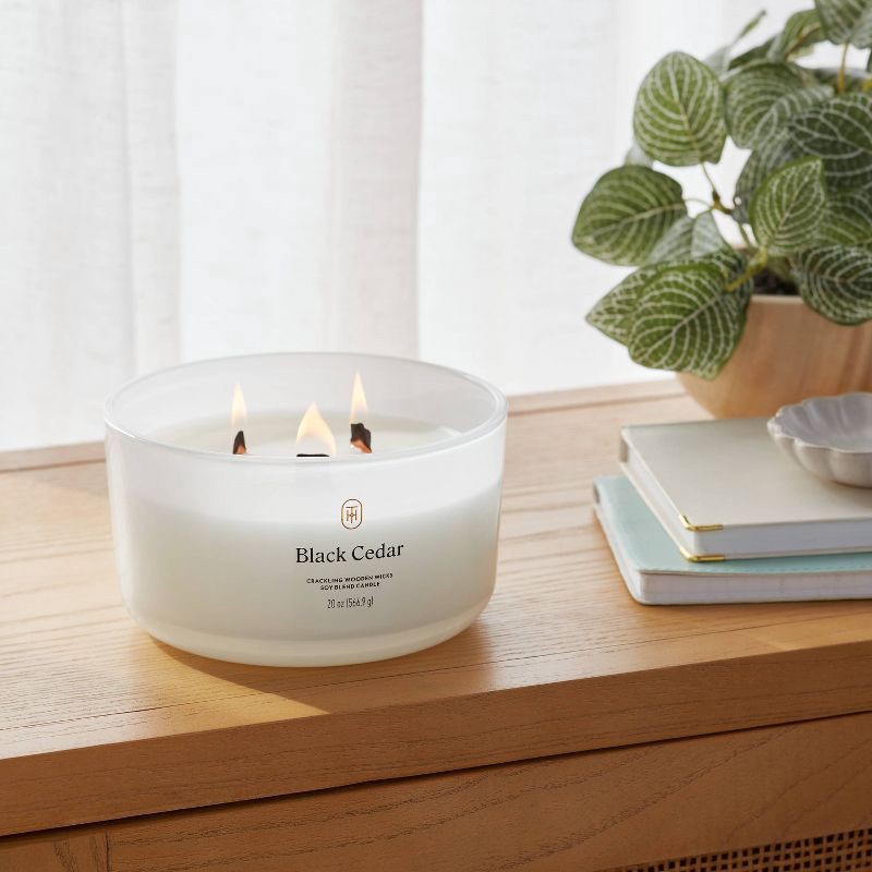 slide 2 of 3, 3-Wick Milky Glass Wooden Wick Black Cedar Jar Candle 20oz - Threshold™, 20 oz