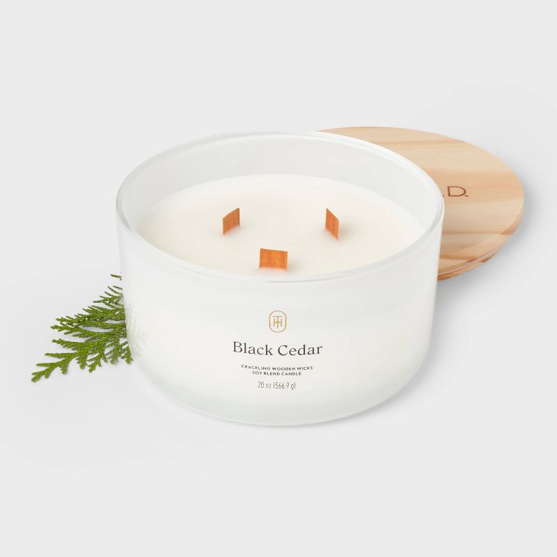 slide 3 of 3, 3-Wick Milky Glass Wooden Wick Black Cedar Jar Candle 20oz - Threshold™, 20 oz