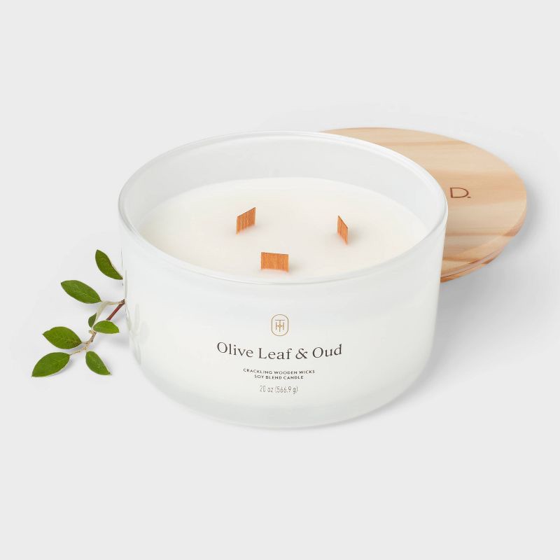 slide 3 of 3, 3-Wick Milky Glass Wooden Wick Olive Leaf and Oud Jar Candle 20oz - Threshold™, 20 oz