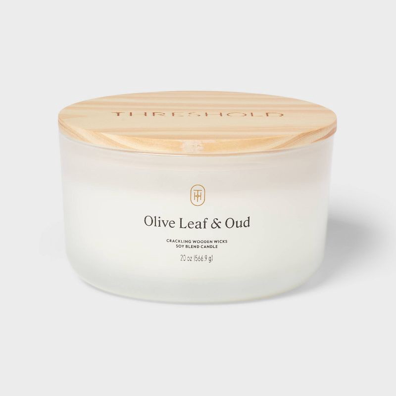 slide 1 of 3, 3-Wick Milky Glass Wooden Wick Olive Leaf and Oud Jar Candle 20oz - Threshold™, 20 oz