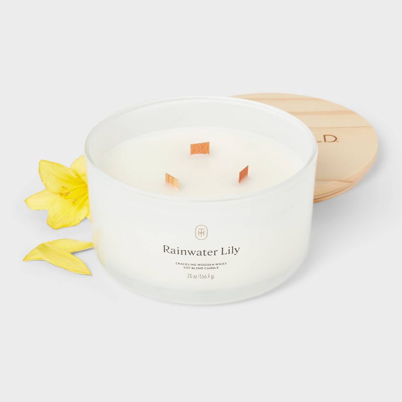 slide 3 of 3, 3-Wick Milky Glass Wooden Wick Rainwater Lily Jar Candle 20oz - Threshold™, 20 oz