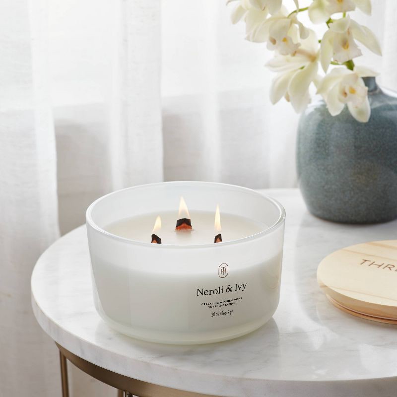 slide 2 of 3, 3-Wick Milky Glass Wooden Wick Neroli and Ivy Jar Candle 20oz - Threshold™, 20 oz