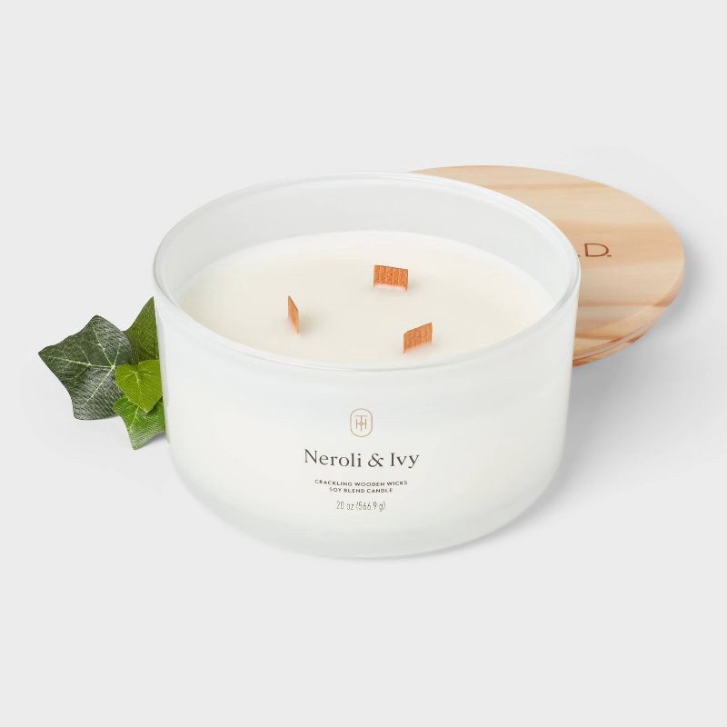 slide 3 of 3, 3-Wick Milky Glass Wooden Wick Neroli and Ivy Jar Candle 20oz - Threshold™, 20 oz