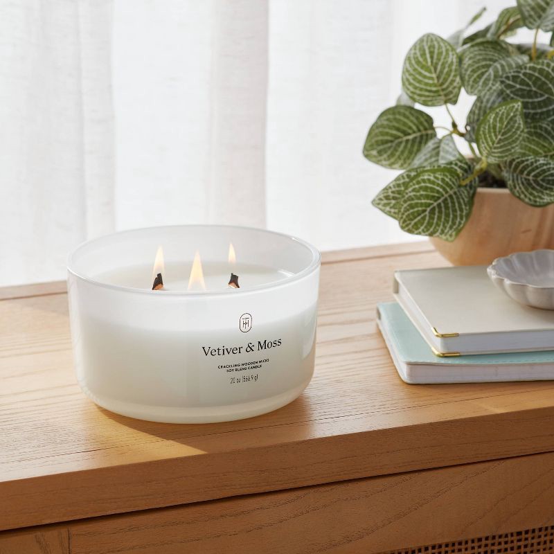 slide 2 of 3, 3-Wick Milky Glass Wooden Wick Vetiver and Moss Jar Candle 20oz - Threshold™, 20 oz
