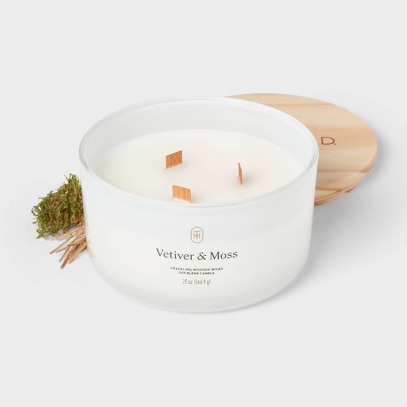 slide 3 of 3, 3-Wick Milky Glass Wooden Wick Vetiver and Moss Jar Candle 20oz - Threshold™, 20 oz