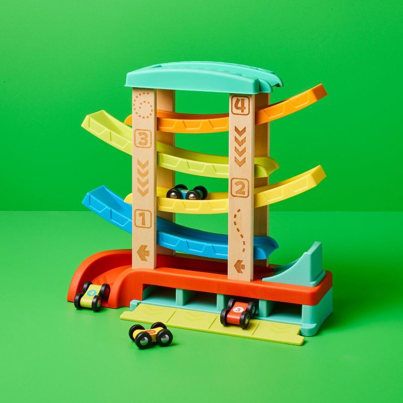 slide 2 of 4, Wooden Race Car Ramp - 3pc -Gigglescape™: Toy Vehicle Tracks, Wooden Truck Ramp, Car Track, Includes Vehicles, 3 ct