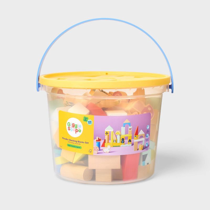 slide 4 of 5, Wooden Stacking Blocks Set - 100pc - Gigglescape™: Toddler Educational Toy, Fine Motor Skills, Shapes & Colors, 100 ct
