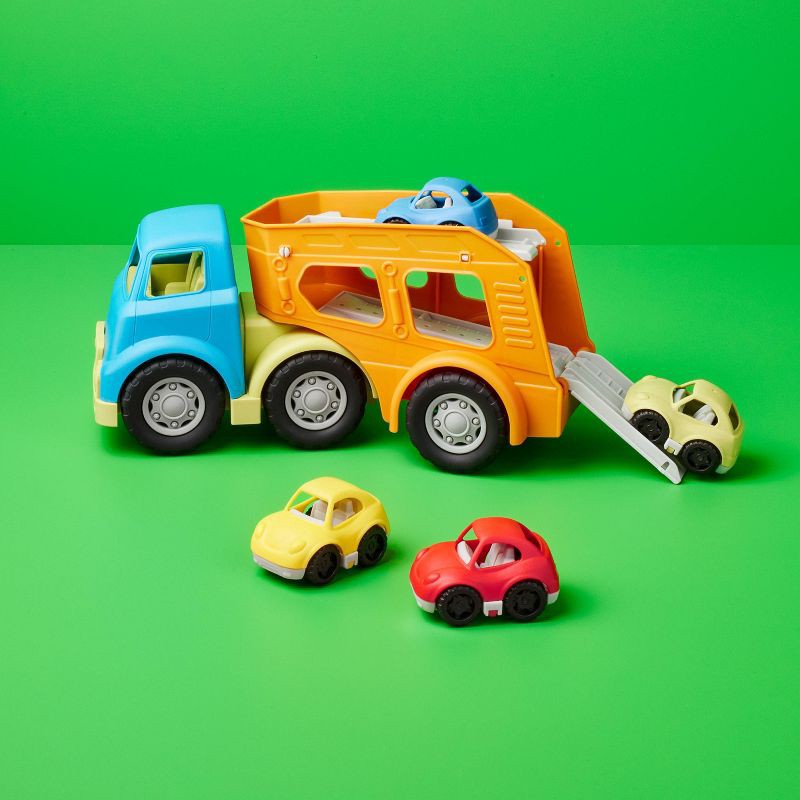 slide 2 of 4, Car Transporter Truck - 4pc - Gigglescape™: Toy Vehicle Tracks, Metal & Plastic, Includes Tracks, 2 Years+, 4 ct