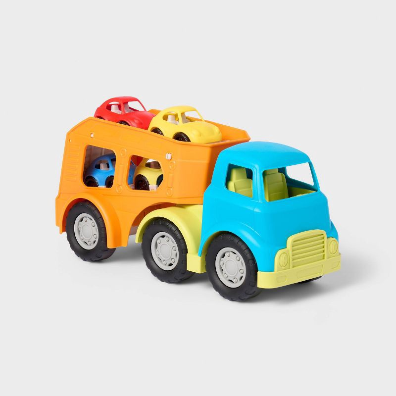 slide 1 of 4, Car Transporter Truck - 4pc - Gigglescape™: Toy Vehicle Tracks, Metal & Plastic, Includes Tracks, 2 Years+, 4 ct