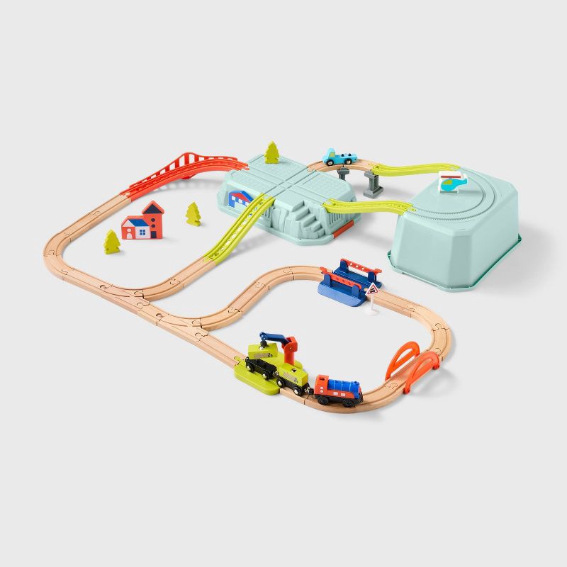 slide 1 of 5, Train Set - Gigglescape™: Wooden & Plastic Toy, Railroad Crossing Gate, Tracks, Battery-Powered, Ages 3+, 1 ct