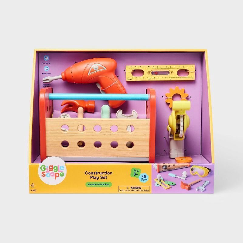 slide 4 of 5, Construction Play Set - Gigglescape™: Toy Tools, Plastic & Wood, 35 Pieces, Ages 3+, Pretend Workbench Accessories, 35 ct