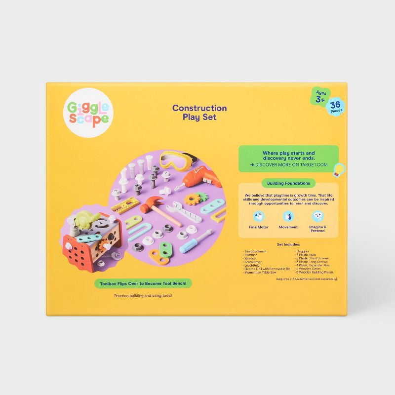 slide 5 of 5, Construction Play Set - Gigglescape™: Toy Tools, Plastic & Wood, 35 Pieces, Ages 3+, Pretend Workbench Accessories, 35 ct