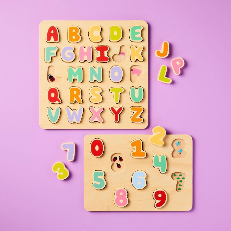 slide 2 of 5, Wooden Alphabet & Number Puzzles - 2pk - Gigglescape™: Toddler Educational Toy, ABC & Number Learning, Ages 2+, 2 ct