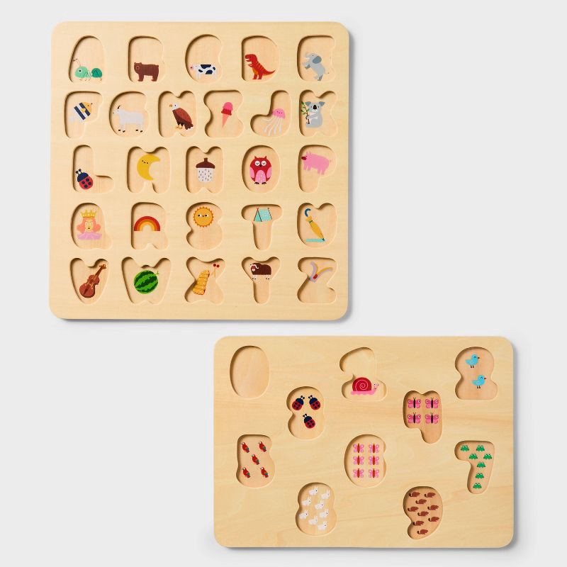 slide 3 of 5, Wooden Alphabet & Number Puzzles - 2pk - Gigglescape™: Toddler Educational Toy, ABC & Number Learning, Ages 2+, 2 ct