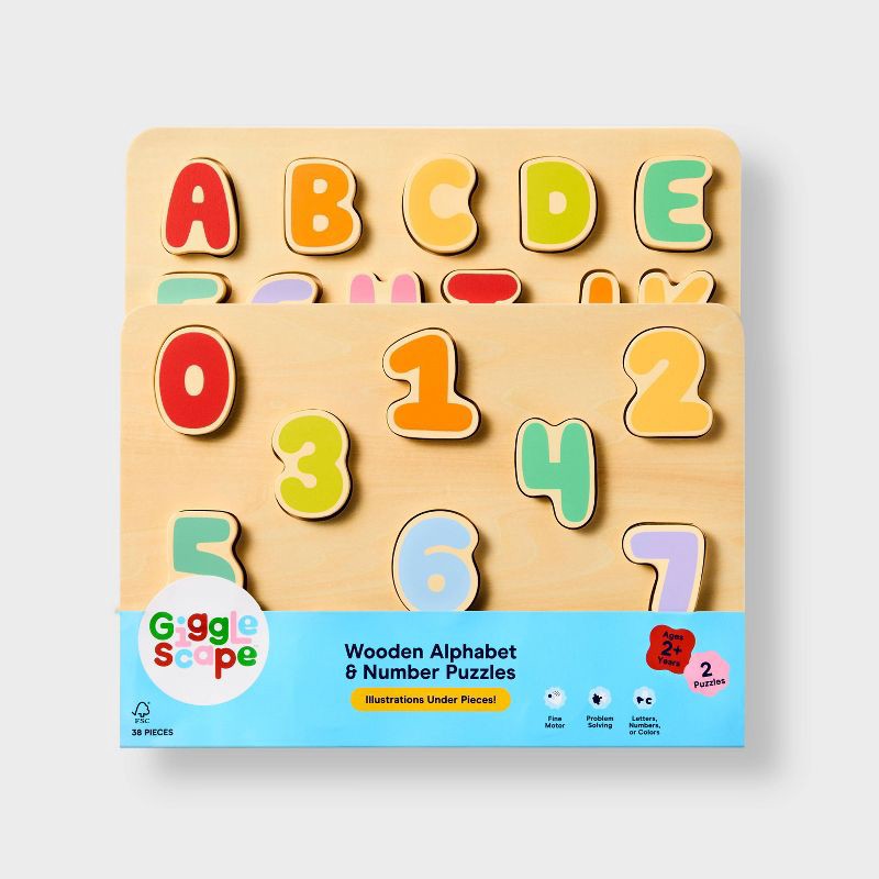 slide 4 of 5, Wooden Alphabet & Number Puzzles - 2pk - Gigglescape™: Toddler Educational Toy, ABC & Number Learning, Ages 2+, 2 ct