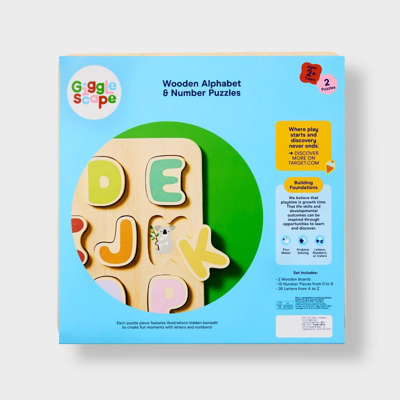 slide 5 of 5, Wooden Alphabet & Number Puzzles - 2pk - Gigglescape™: Toddler Educational Toy, ABC & Number Learning, Ages 2+, 2 ct
