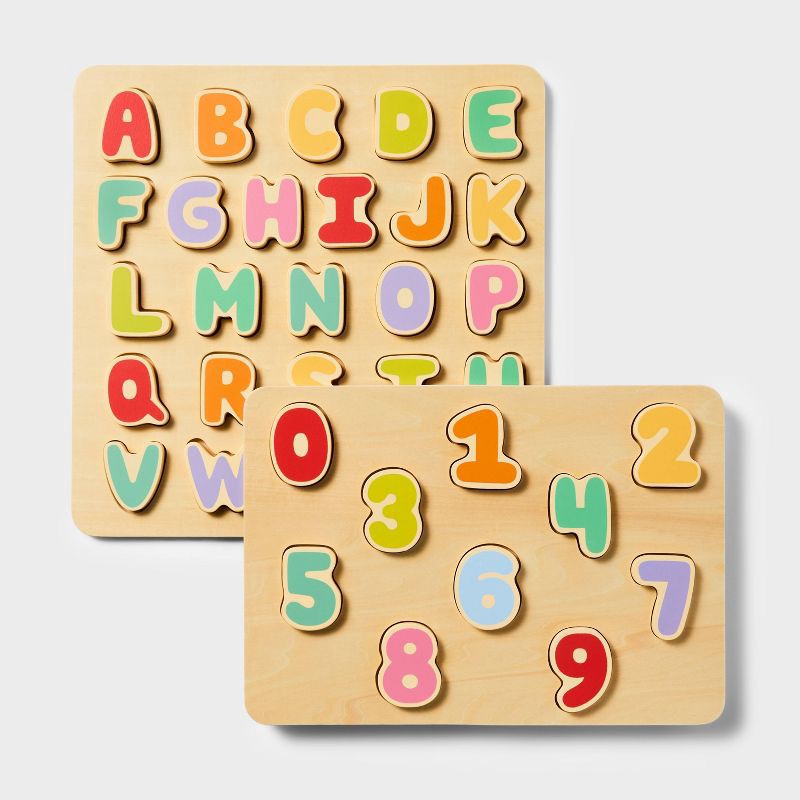 slide 1 of 5, Wooden Alphabet & Number Puzzles - 2pk - Gigglescape™: Toddler Educational Toy, ABC & Number Learning, Ages 2+, 2 ct