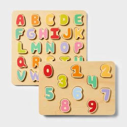 Wooden Alphabet & Number Puzzles - 2pk - Gigglescape™: Toddler Educational Toy, ABC & Number Learning, Ages 2+