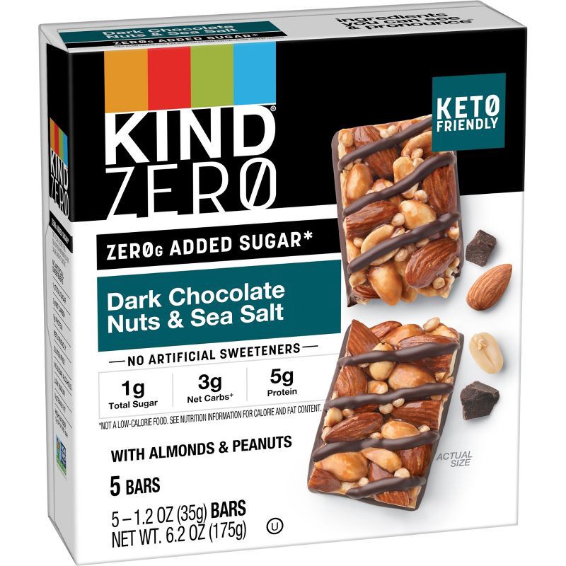 slide 3 of 6, KIND Zero Dark Chocolate Nuts & Sea Salt Bars - 6.2oz/5ct, 6.2 oz, 5 ct