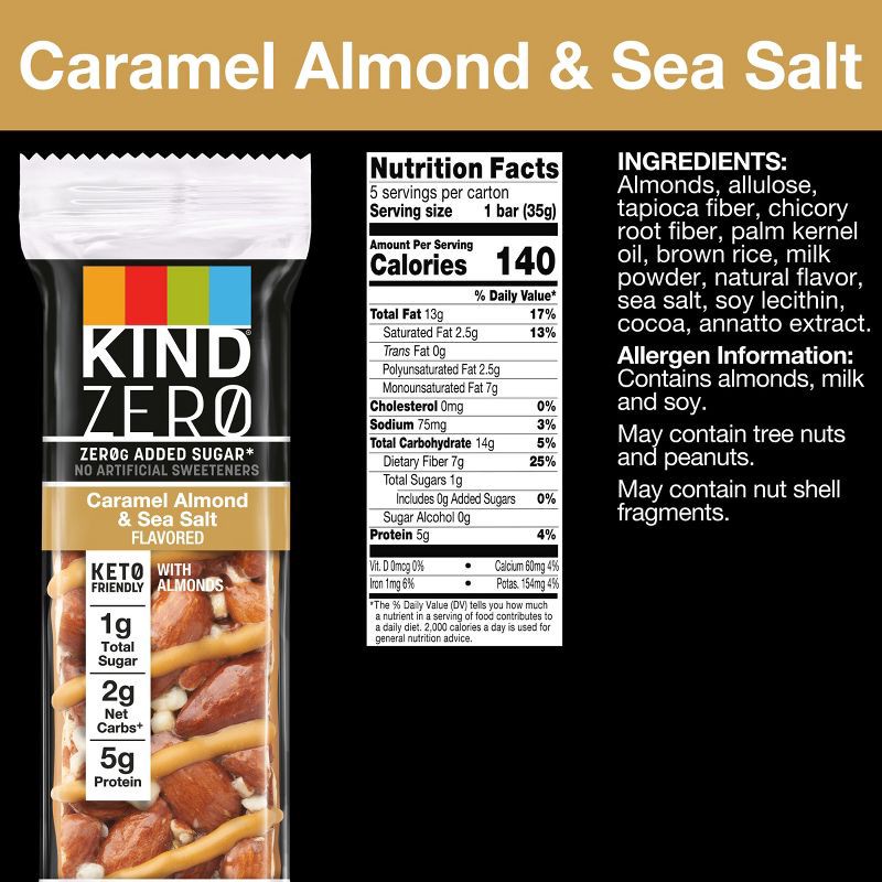 slide 4 of 6, KIND Zero Caramel Almond & Sea Salt Bars - 6.2oz/5ct, 6.2 oz, 5 ct