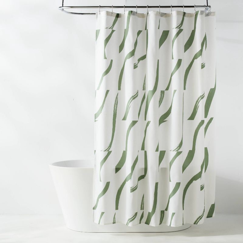 slide 1 of 4, CVC Fabric Painted Strokes Shower Curtain Green - Room Essentials™, 1 ct
