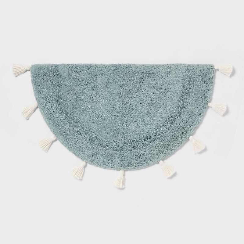 slide 1 of 4, 18"x32" Half Moon Bath Rug with Tassels Aqua - Threshold™, 1 ct