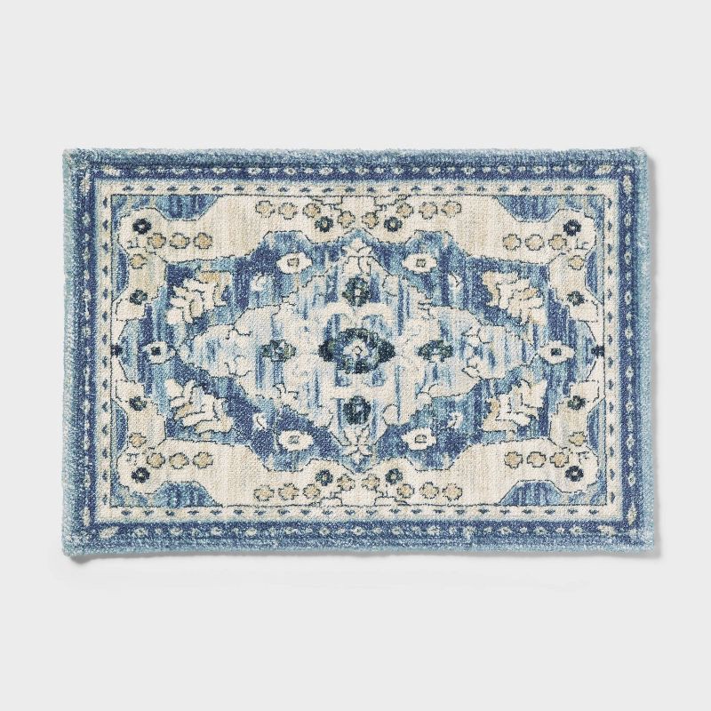 slide 1 of 4, 20"x30" Medallion Bath Rug Blue - Threshold™, 1 ct