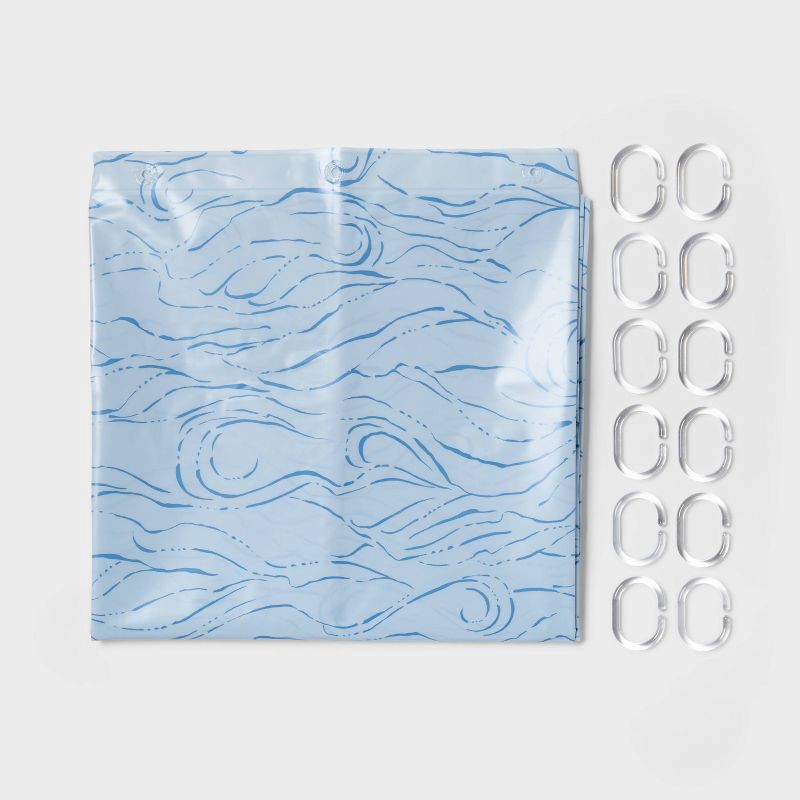 slide 1 of 4, 13pc PEVA Waves Shower Curtain and Rings Set Blue - Room Essentials™, 13 ct