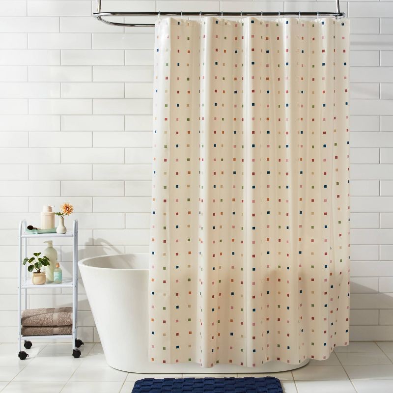 slide 2 of 3, 13pc PEVA Multi Stamps Shower Curtain with Rings Set White - Room Essentials™, 13 ct
