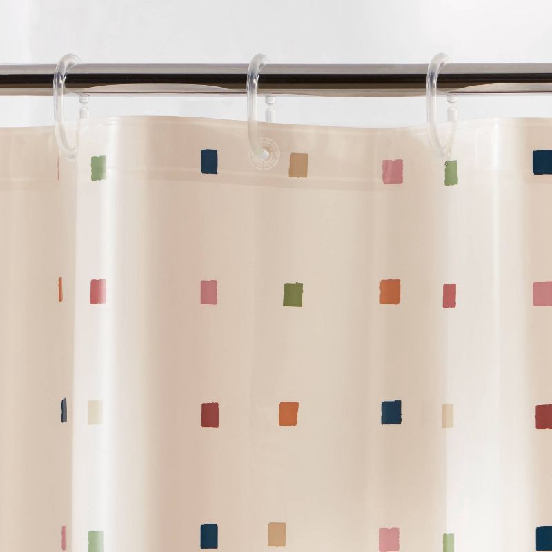 slide 3 of 3, 13pc PEVA Multi Stamps Shower Curtain with Rings Set White - Room Essentials™, 13 ct