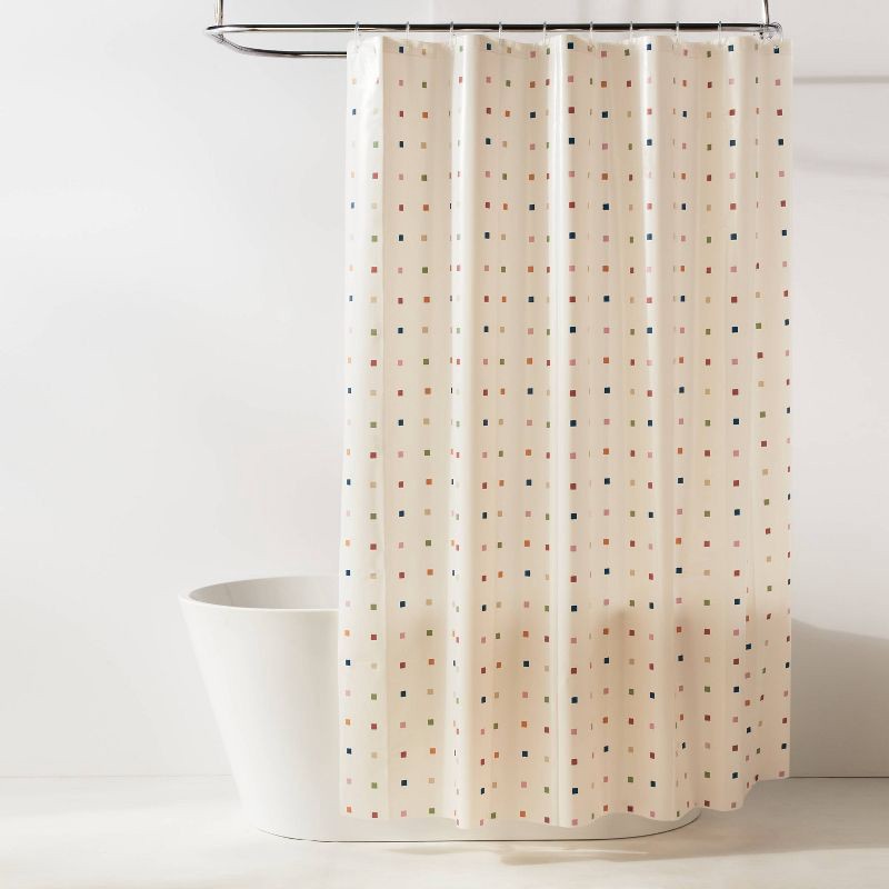slide 1 of 3, 13pc PEVA Multi Stamps Shower Curtain with Rings Set White - Room Essentials™, 13 ct