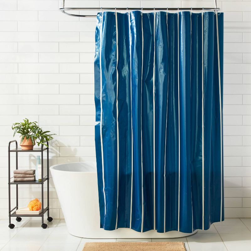 slide 2 of 3, 13pc PEVA Stripe Shower Curtain with Rings Set Navy - Room Essentials™, 13 ct