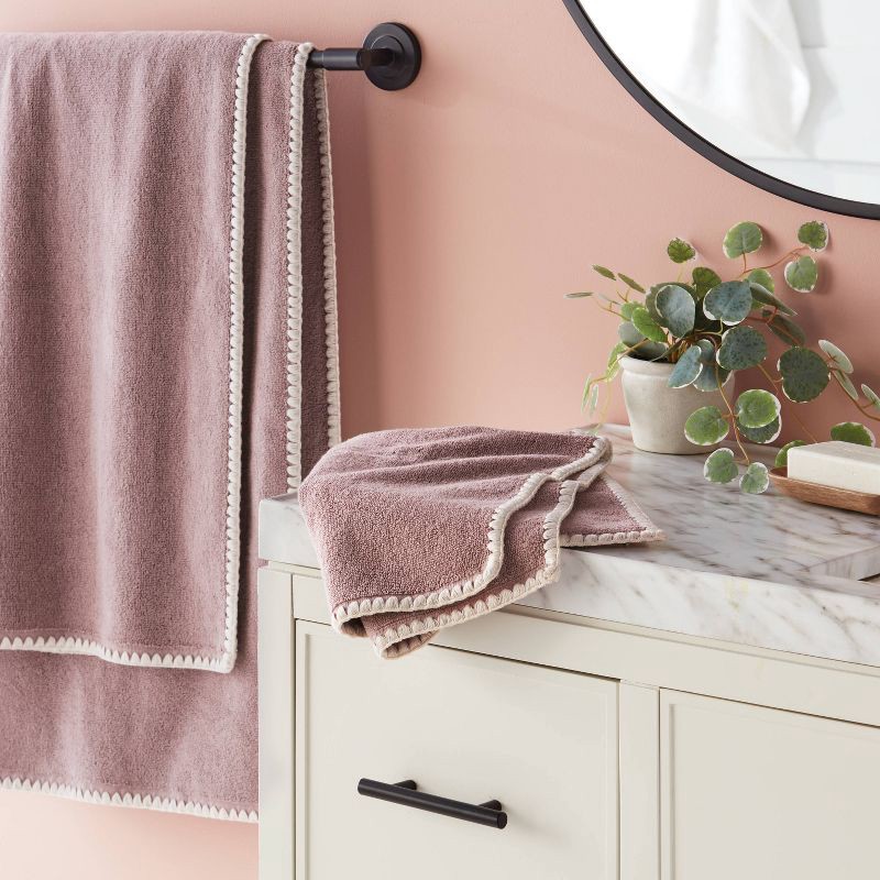 slide 2 of 5, 1pc Boho Border Stitch Hand Towel Mauve - Threshold™, 1 ct