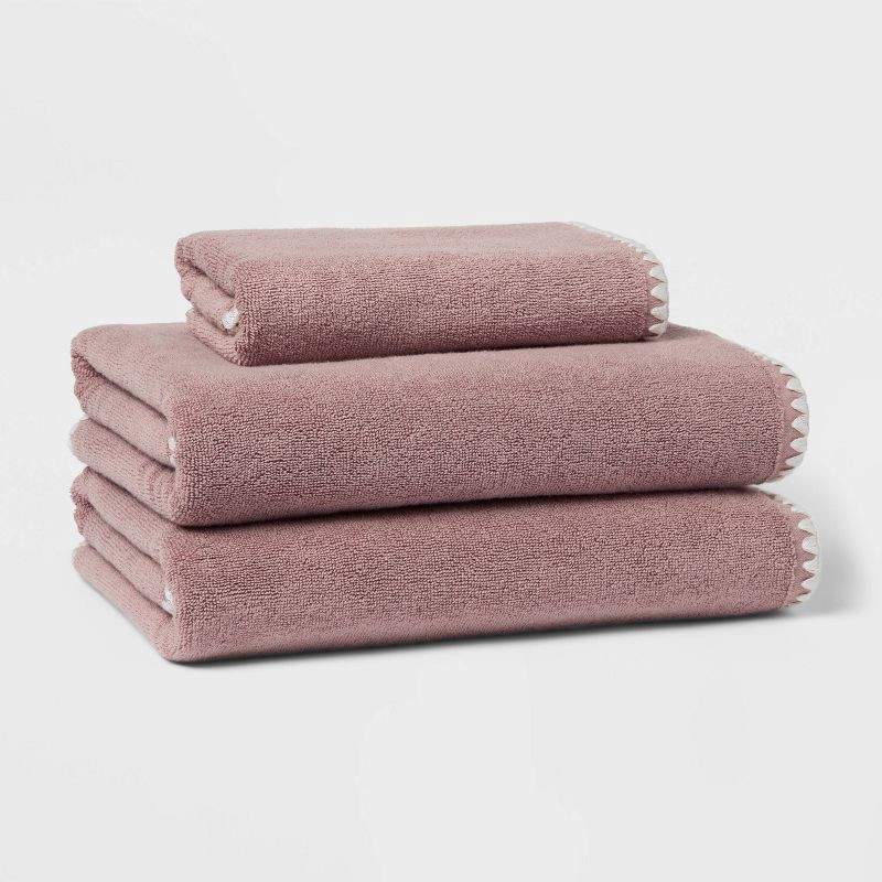 slide 5 of 5, 1pc Boho Border Stitch Hand Towel Mauve - Threshold™, 1 ct