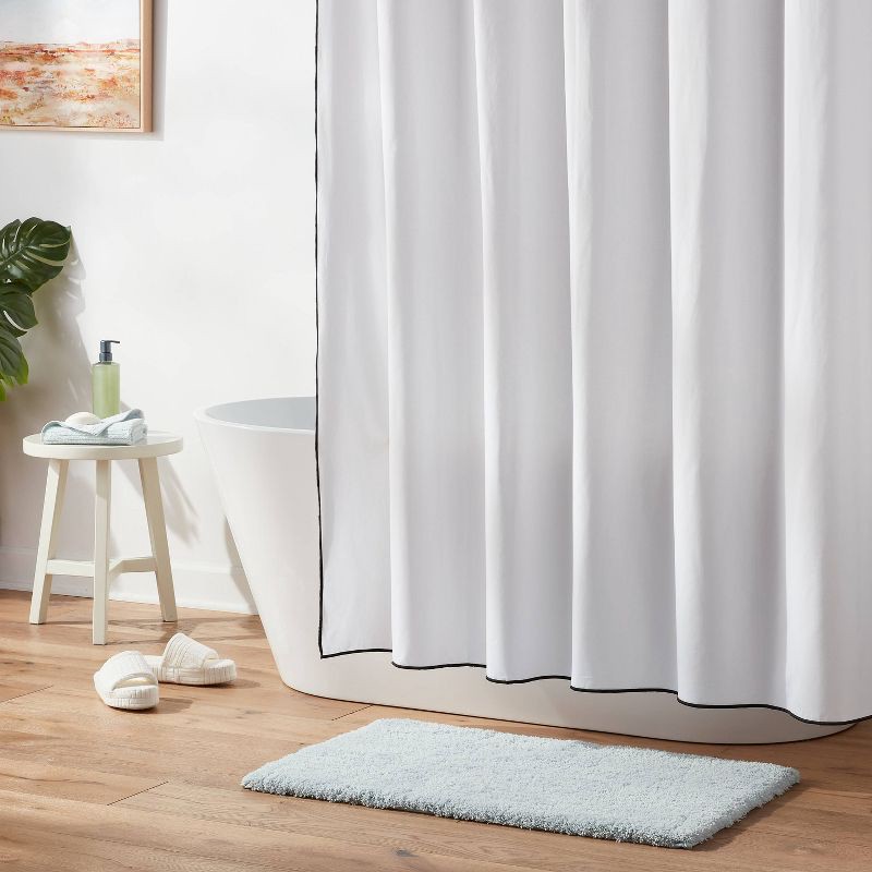slide 2 of 4, Luxe Cream and Black Border Stitch Shower Curtain - Threshold™, 1 ct