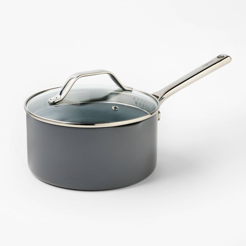 slide 1 of 9, 3qt Nonstick Ceramic Coated Aluminum Sauce Pan Dark Gray - Figmint™, 3 qt