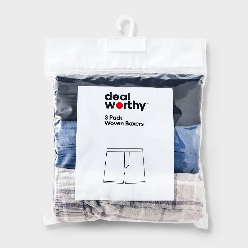 slide 2 of 3, Men's Woven Boxers 3pk - Dealworthy™ Blue/Black M: Cotton Blend, Mid Rise, Elastic Waistband, Machine Washable, 3 ct