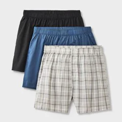 Men's Woven Boxers 3pk - Dealworthy™ Blue/Black M: Cotton Blend, Mid Rise, Elastic Waistband, Machine Washable