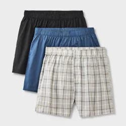 Men's Woven Boxers 3pk - Dealworthy™ Blue/Black M: Cotton Blend, Mid Rise, Elastic Waistband, Machine Washable