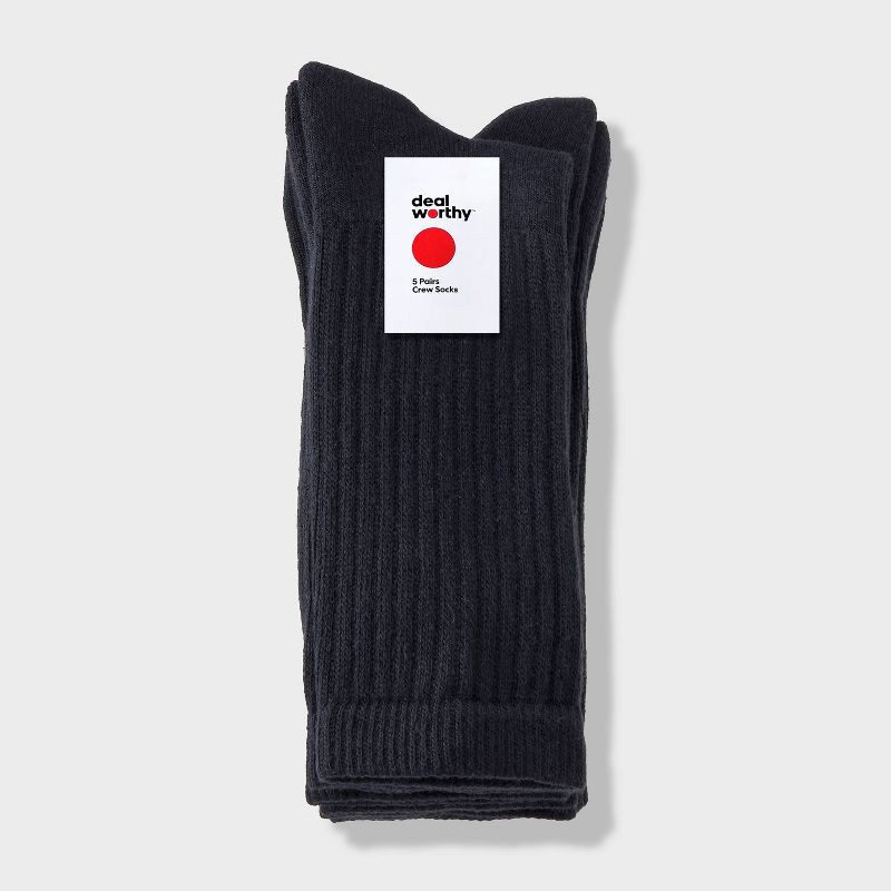 slide 2 of 3, Men's Crew Socks 5pk - Dealworthy™ Black 6-12: Cushioned Sole, Midweight Knit,, 5 ct