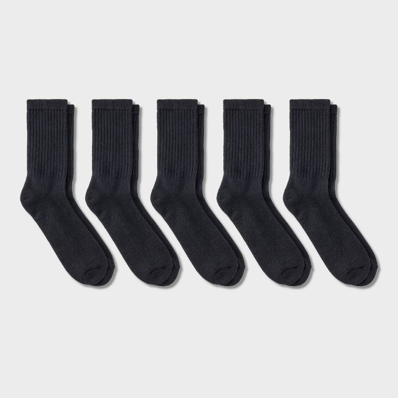 slide 1 of 3, Men's Crew Socks 5pk - Dealworthy™ Black 6-12: Cushioned Sole, Midweight Knit,, 5 ct