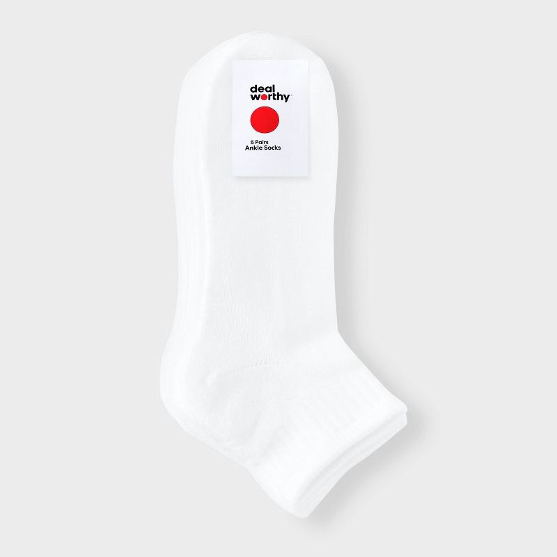 slide 2 of 3, Men's Ankle Socks 5pk - Dealworthy™ White 6-12: Cushioned Sole, Midweight Knit,, 5 ct