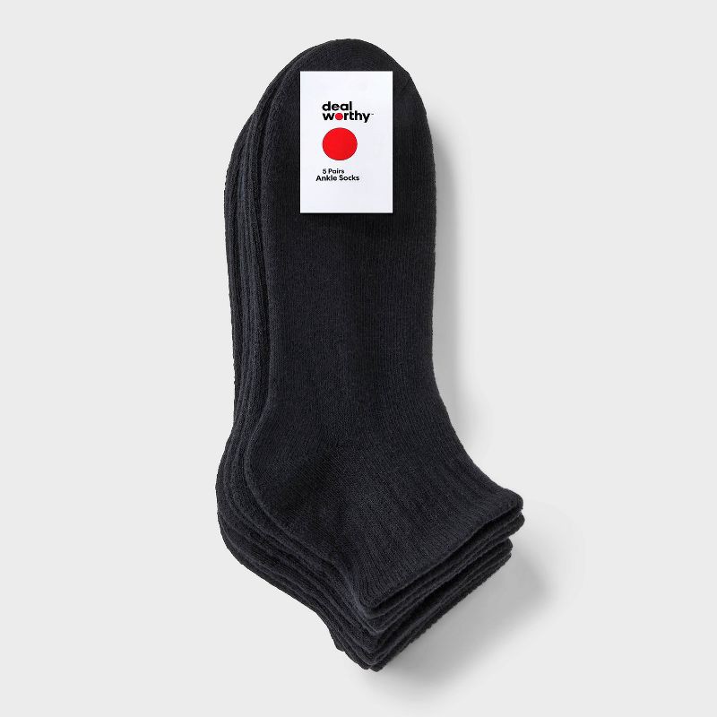 slide 2 of 3, Men's Ankle Socks 5pk - Dealworthy™ Black 6-12: Cotton Blend, Cushioned Sole, Machine Washable, Knit Fabric, 5 ct