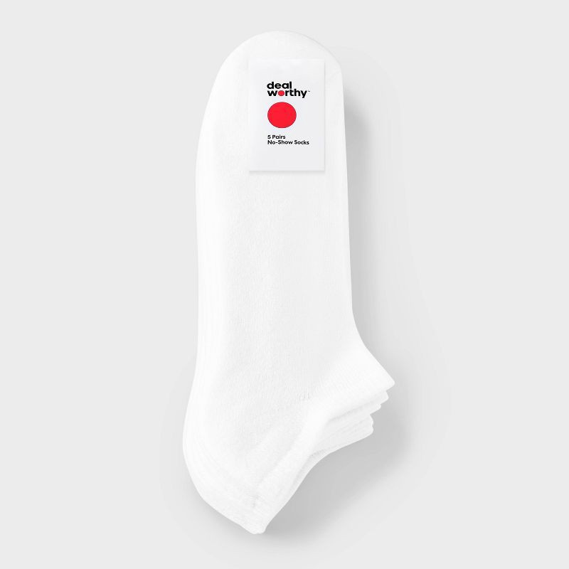 slide 2 of 3, Men's No Show Socks 5pk - Dealworthy™ White 6-12: Cushioned Sole, Midweight Knit, Size 6-12, 5 ct