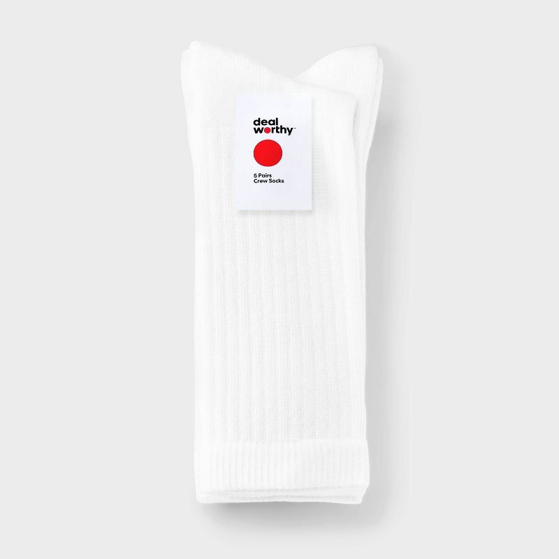 slide 2 of 3, Men's Crew Socks 5pk - Dealworthy™ White 6-12: Cushioned Sole, Midweight Knit,, 5 ct