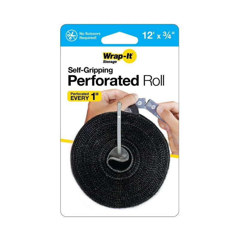 slide 1 of 8, Wrap-It 12" x 0.75" Storage Self-Gripping Perforated Roll Black, 1 ct