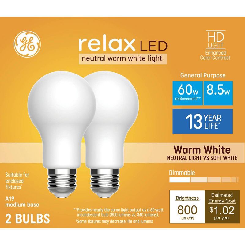 slide 1 of 8, GE Household Lighting GE 2pk 60W A19 Light Bulbs Warm White, 2 ct