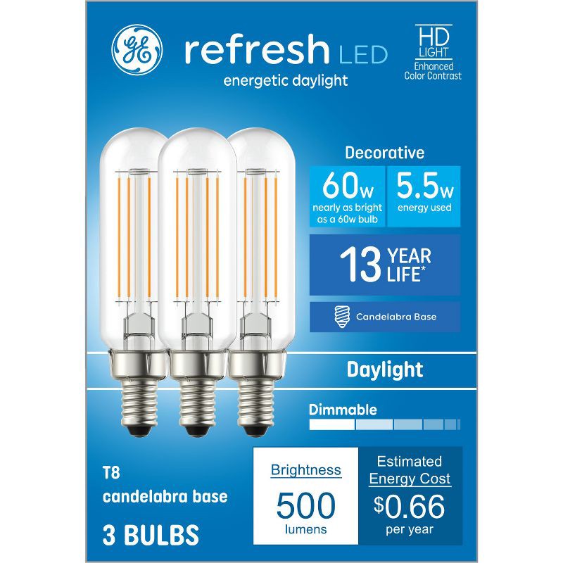 slide 1 of 8, GE Household Lighting GE 3pk 60W Refresh T8 LED Light Bulbs Daylight, 3 ct